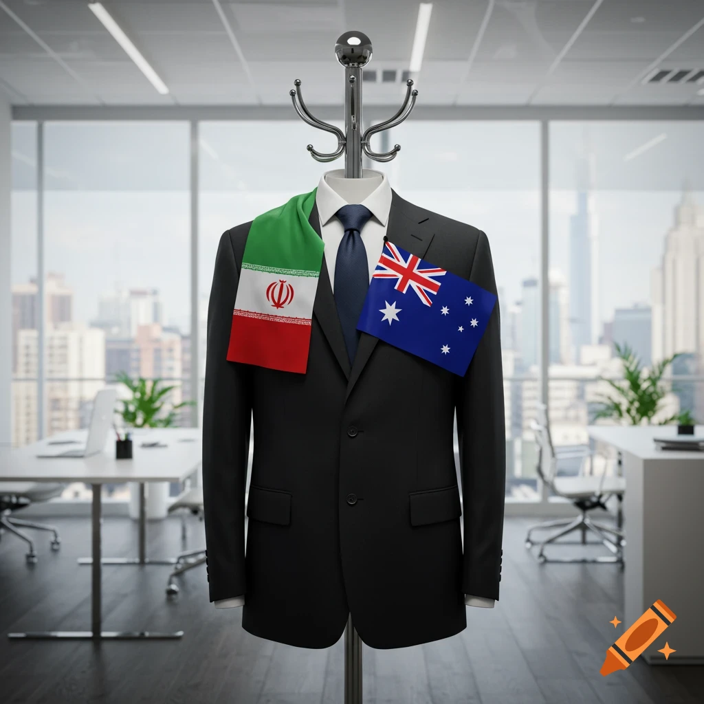 A black suit on a coat rack in a modern office, draped with Iranian and Australian flags.