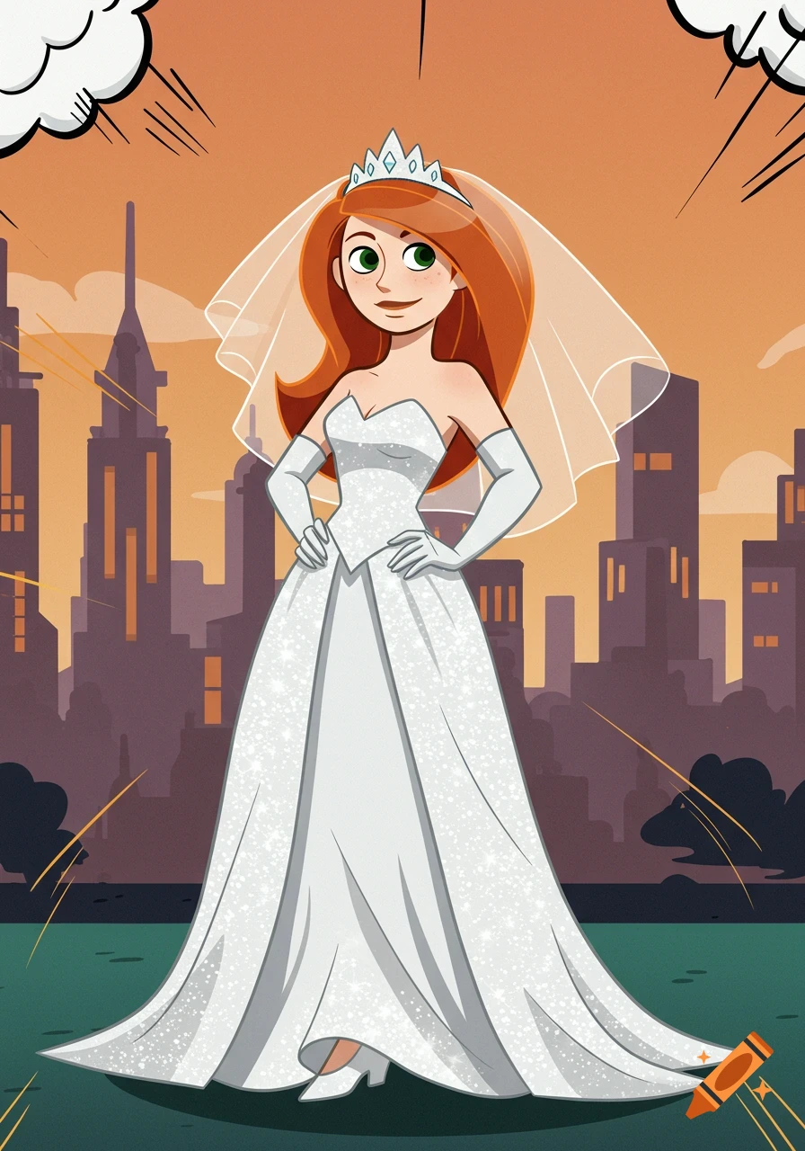 Cartoon Kim Possible as a bride, wearing a white wedding dress, veil, tiara, and gloves, in front of a city skyline.