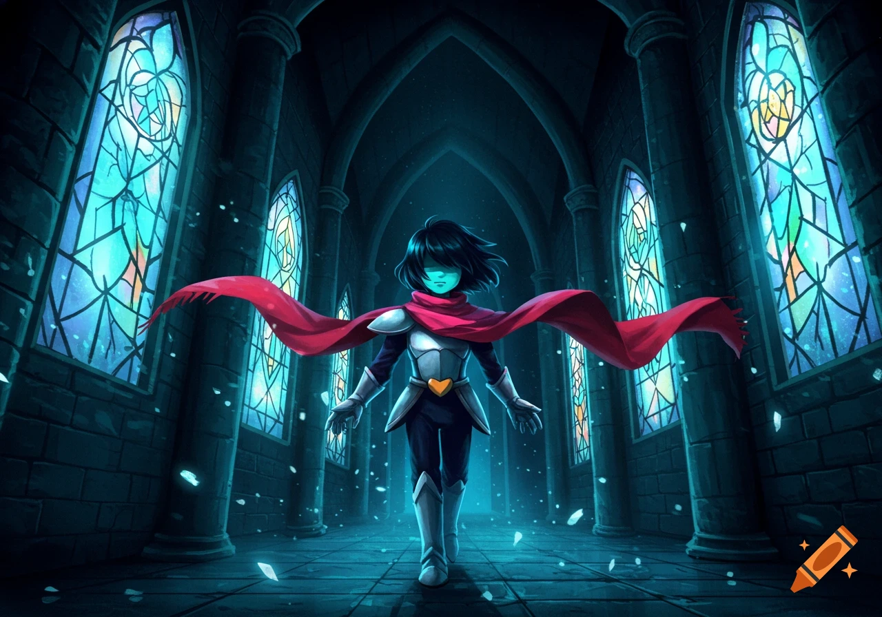Kris from Deltarune, a dark-haired character in armor and a red scarf, walks down a dark, arched hallway with glowing blue stained-glass windows, game art style.