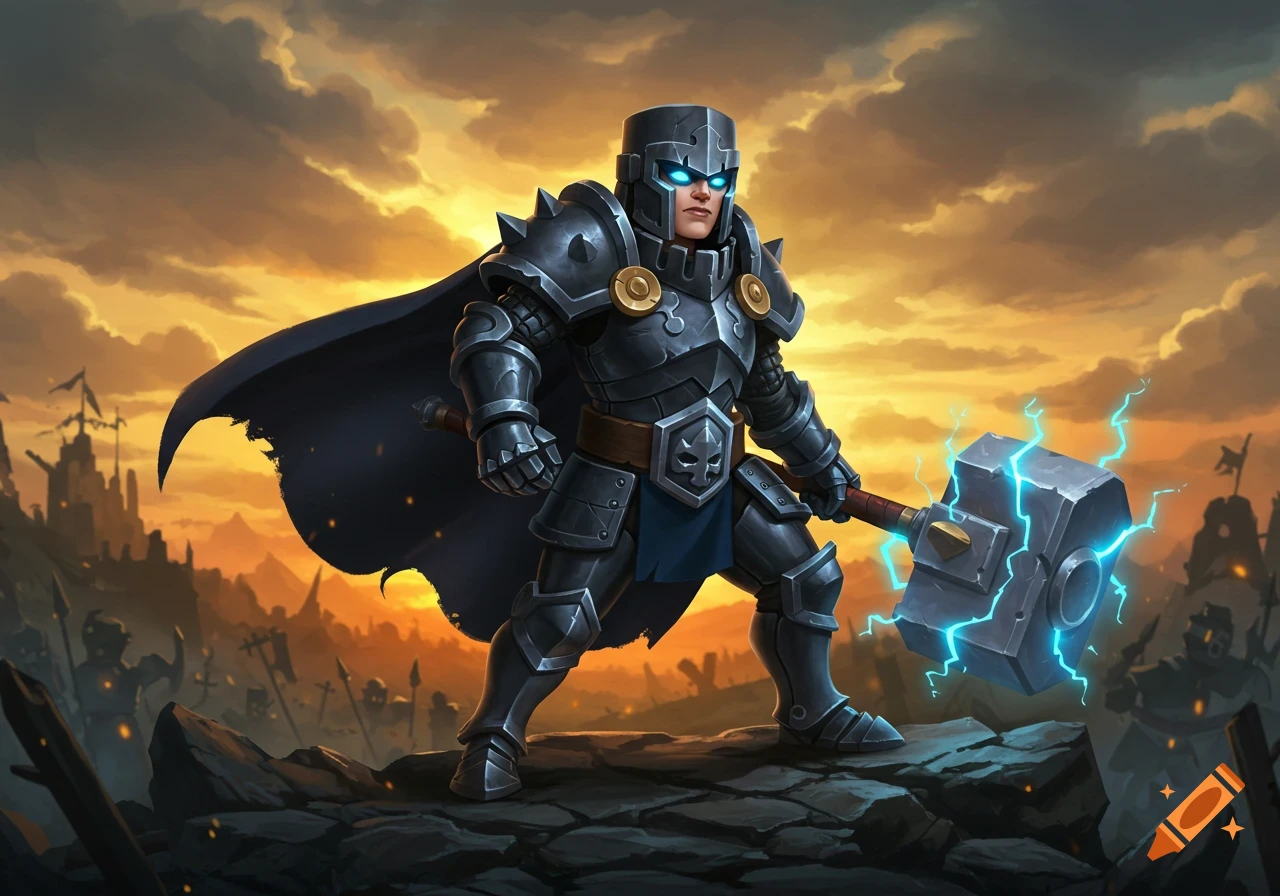 Heavily armored female knight with glowing eyes and lightning hammer stands on a rocky battlefield at sunset, video game art.