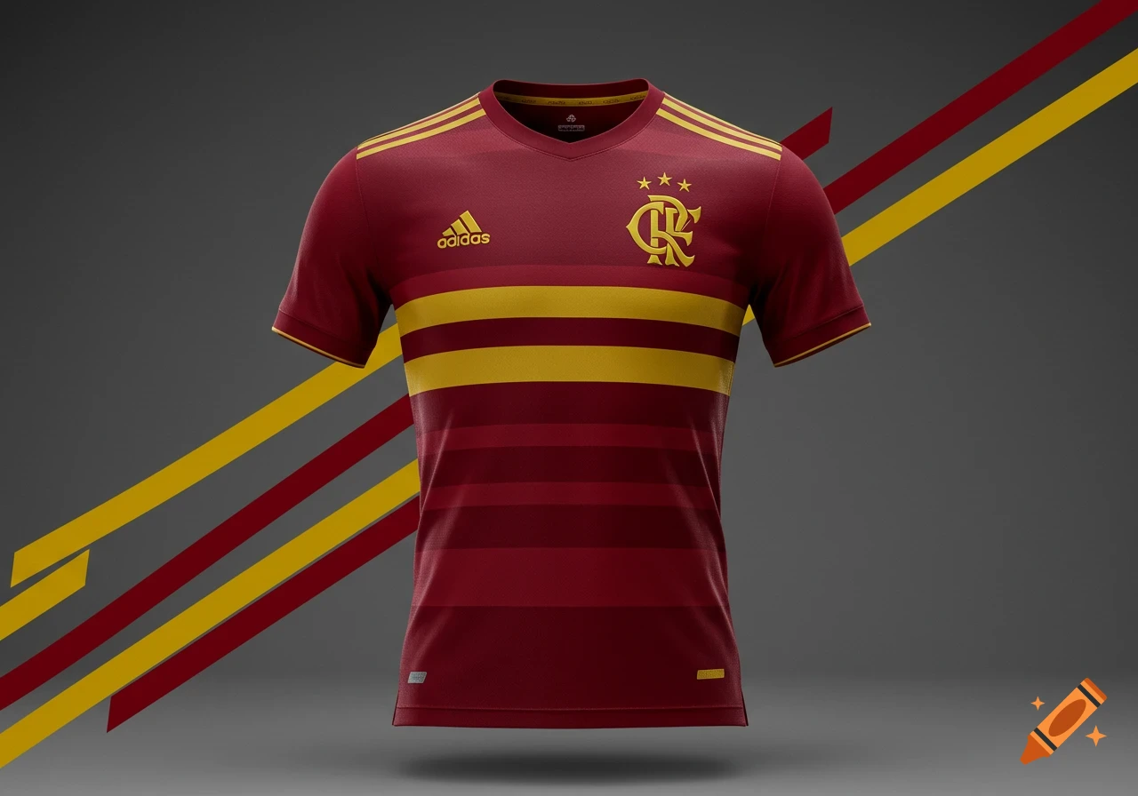 A maroon and yellow striped football jersey with Adidas logo and a stylized 'CRF' emblem on a dark gray background.