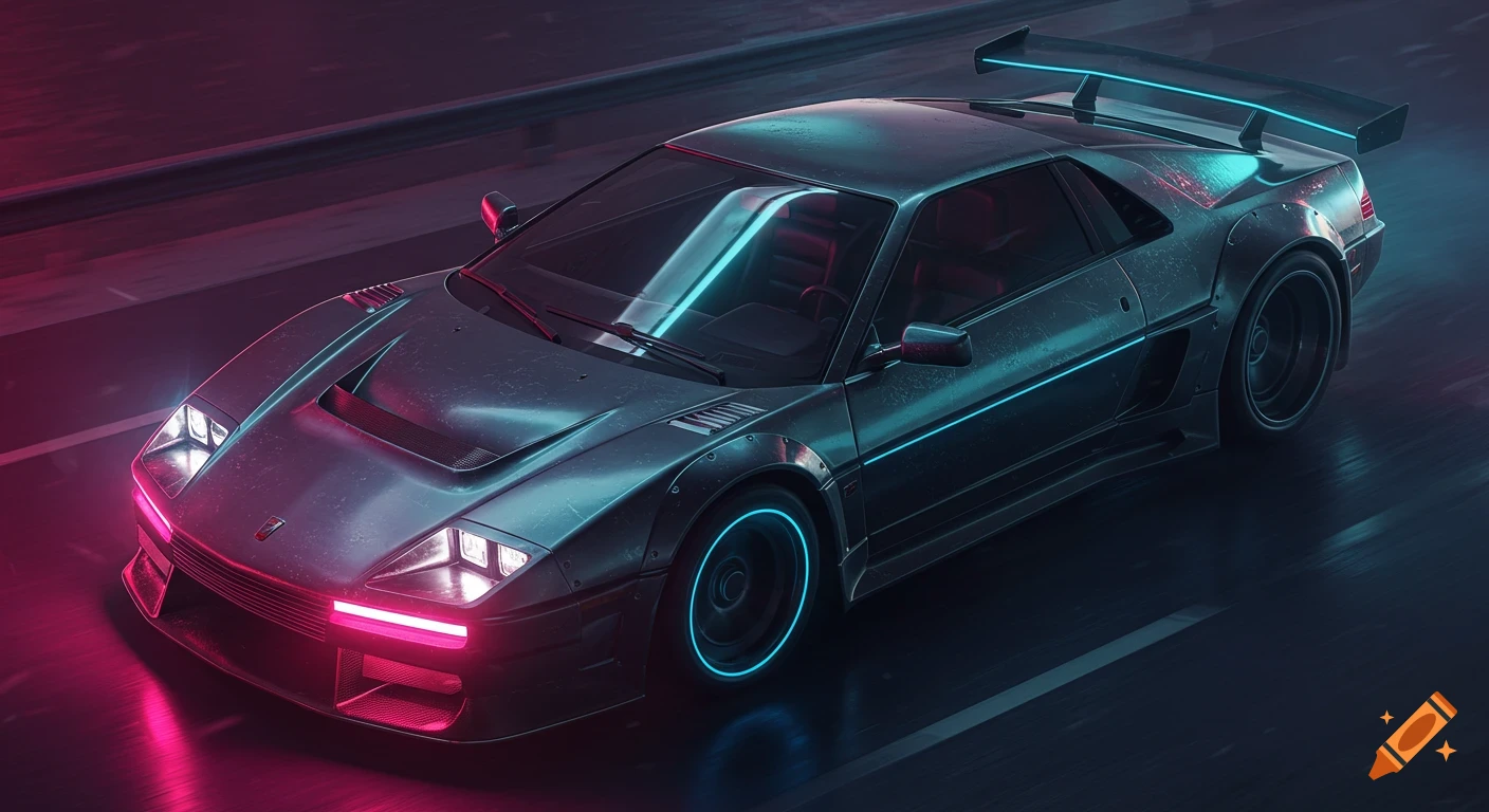 A sleek cyberpunk sports car with neon blue and pink lights on a dark, wet road at night.