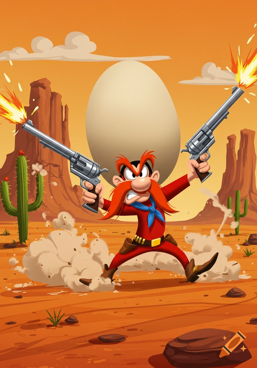 Cartoon character Yosemite Sam in a desert setting, shooting two revolvers with an angry expression and a giant egg behind him.
