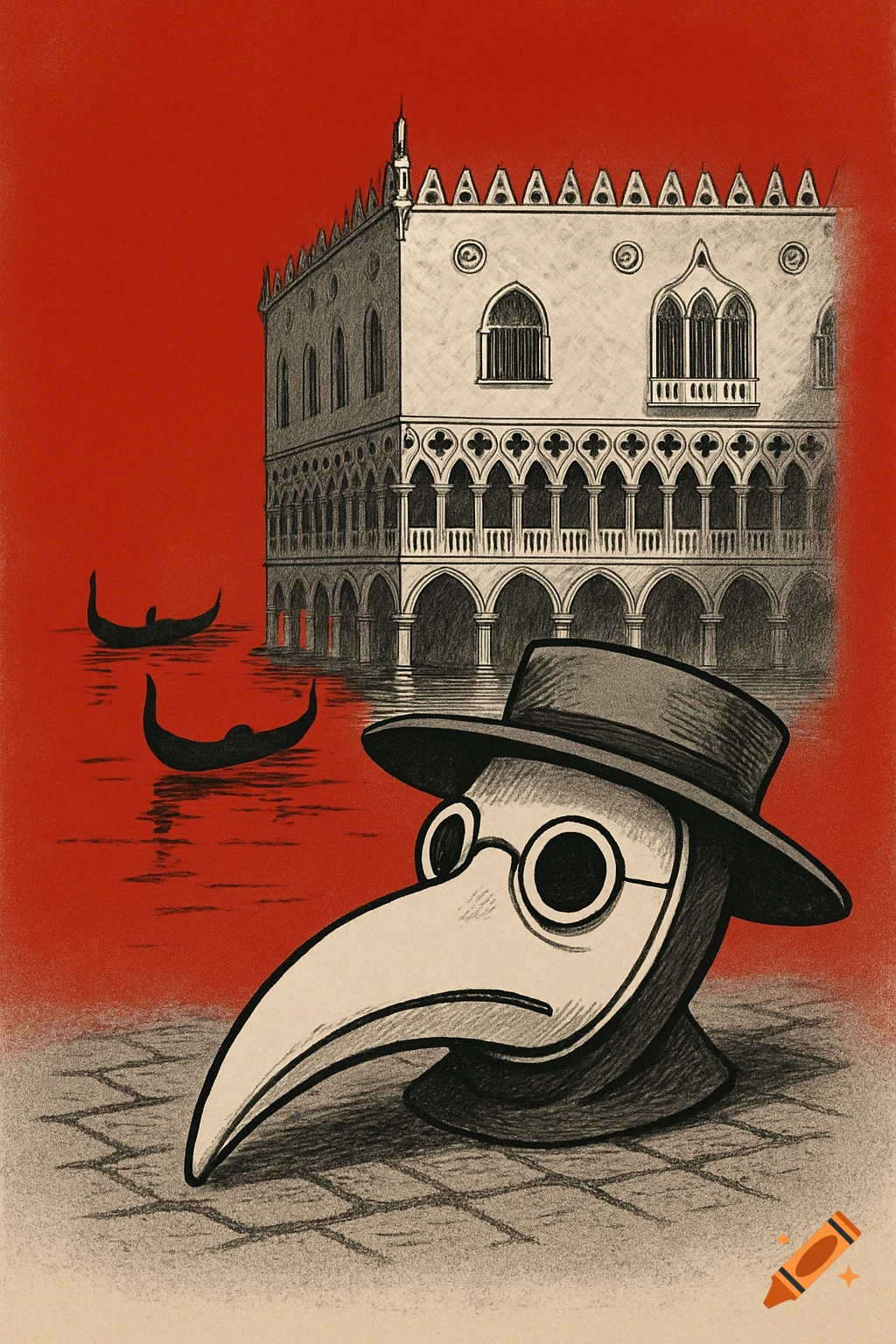 A minimalistic, sketchy illustration of a plague doctor mask in the foreground with Doge's Palace and gondolas on a red background.