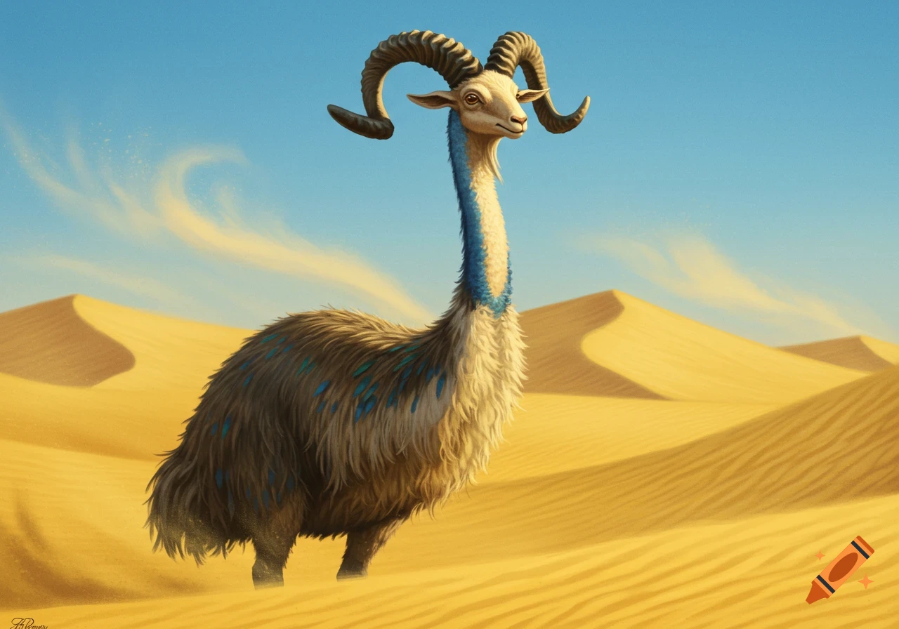A fantasy creature resembling an emu with a ram's head and horns stands in a desert with sand dunes, digital painting.
