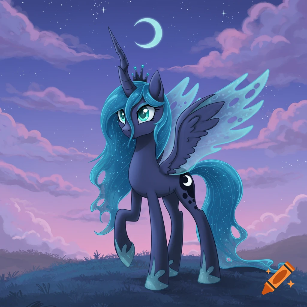 A dark blue alicorn with a flowing cyan mane and tail, wearing a crown, stands on a hill under a purple and pink twilight sky with a crescent moon.