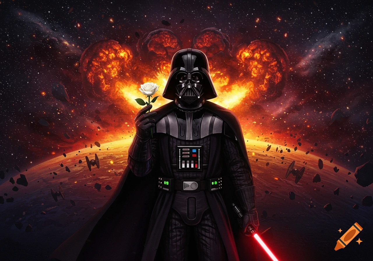 Darth Vader holds a white rose in space, a planet explodes behind him with TIE fighters and debris floating around.