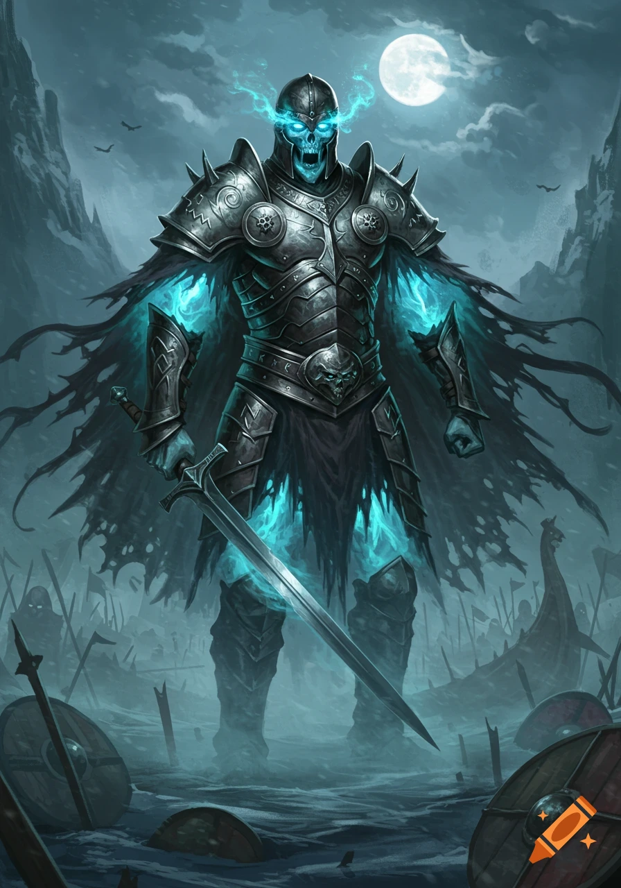 A skeletal warrior in ancient armor with glowing blue eyes holds a sword on a misty, moonlit battlefield strewn with shields.
