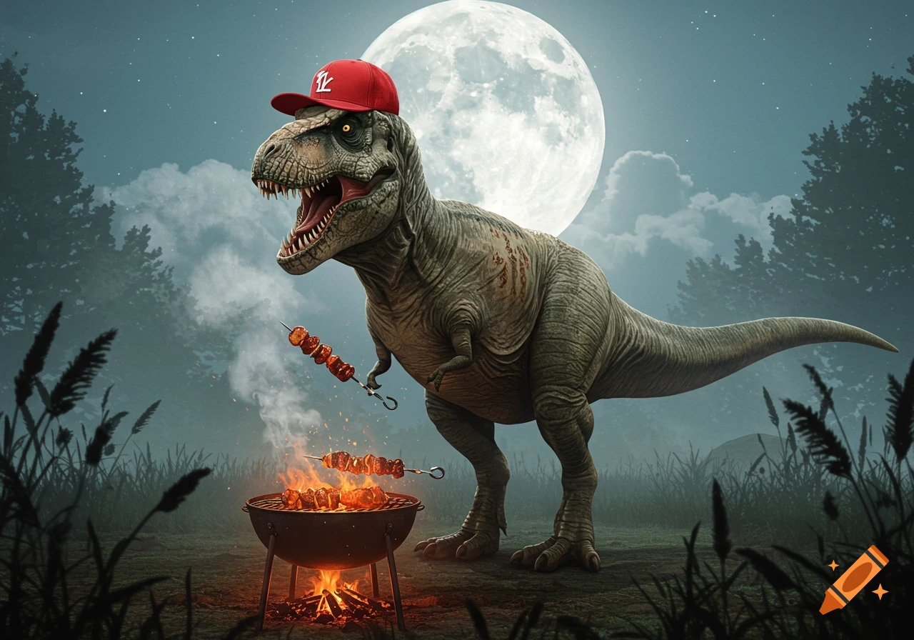 A photorealistic T-Rex wearing a red baseball cap grills kebabs over a barbecue at night under a full moon.