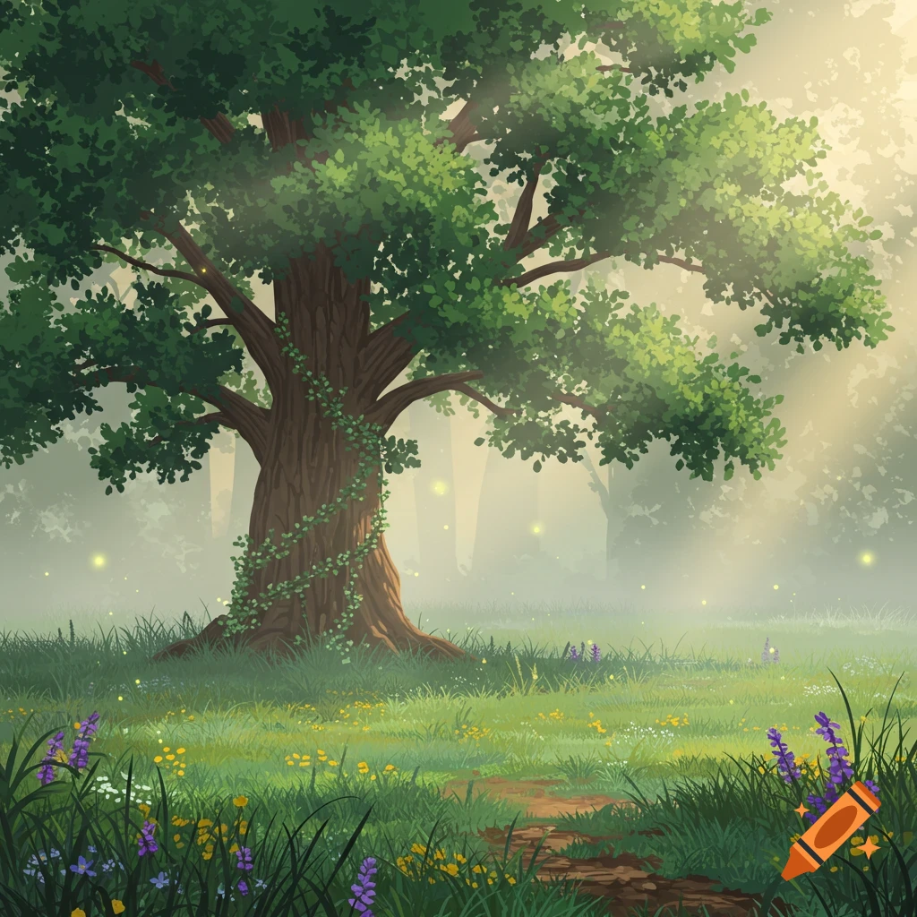 An illustrative forest scene with a large tree, a path, wildflowers, and glowing fireflies in misty light.