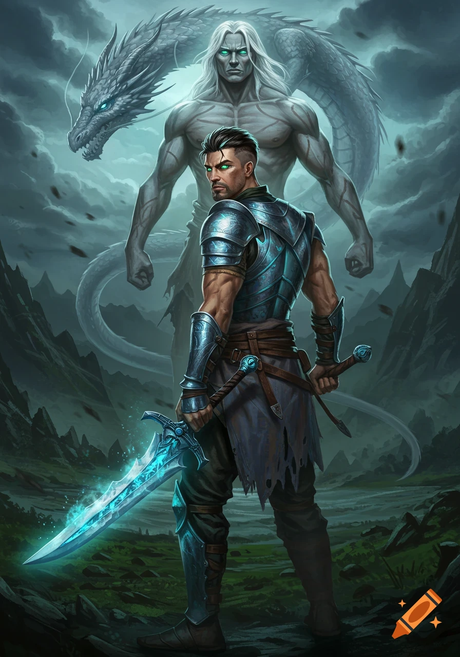 A warrior in glowing blue armor with a radiant sword stands with a spectral, white-haired god and a dragon against a stormy mountain background.