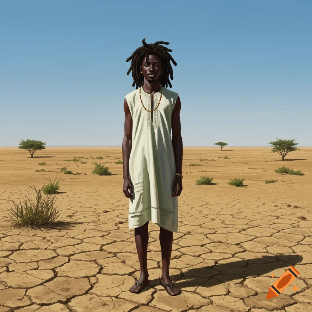 A Black man with dreadlocks wears a light tunic and stands barefoot in a cracked, arid desert with sparse trees under a clear blue sky.