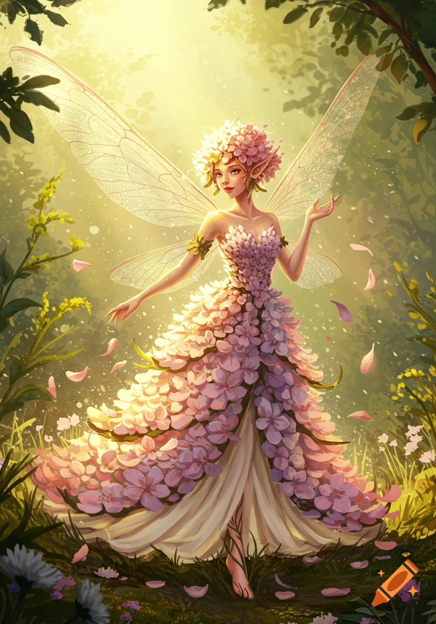 A beautiful fairy in a pink flower dress and crown with delicate wings stands in a sunlit, enchanted forest.