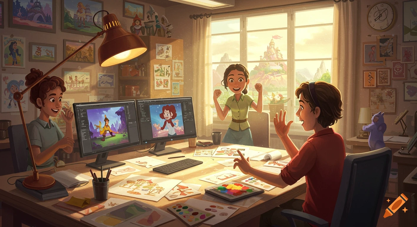 Three cartoon people work in a bright animation studio, two on computers, one standing excitedly, surrounded by vibrant concept art.
