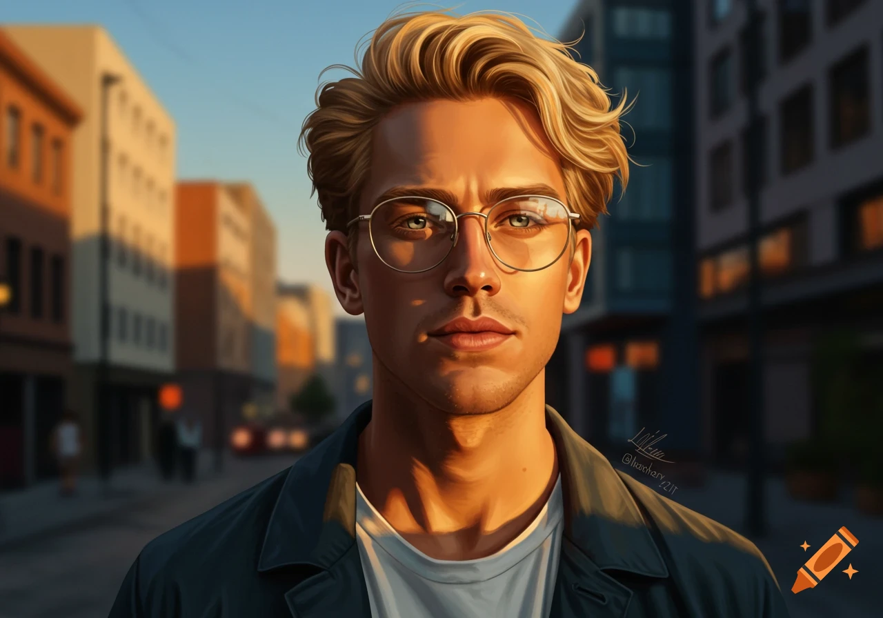 A digitally rendered portrait of a blond man with glasses, wearing a dark jacket over a white shirt, against a blurred city street at sunset.