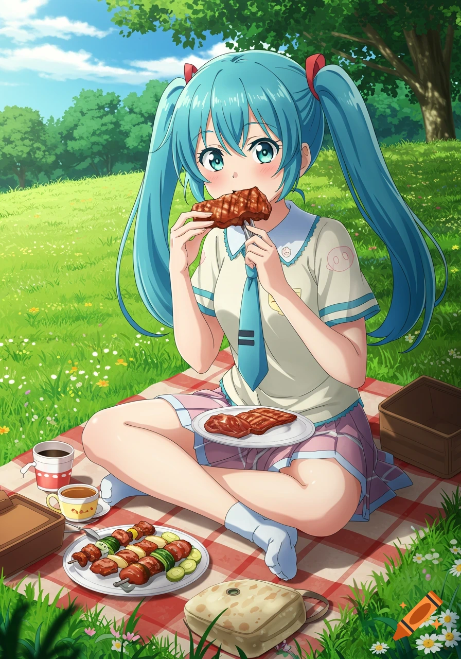 An anime girl with blue twin-tails sits on a picnic blanket in a sunny park, eating grilled meat.