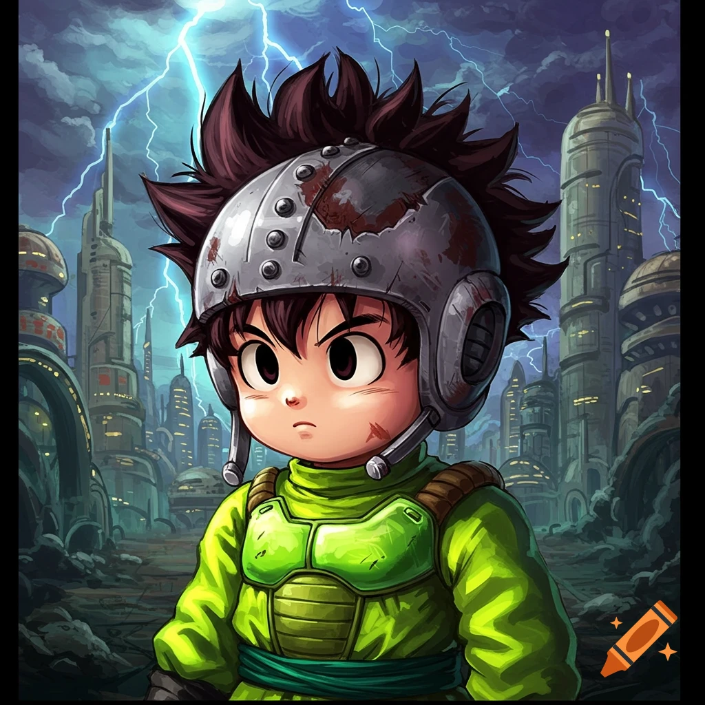 Cartoon boy with dark spiky hair under a rusty metal helmet and green armor stands before a futuristic city with lightning in the sky, in Akira Toriyama's style.