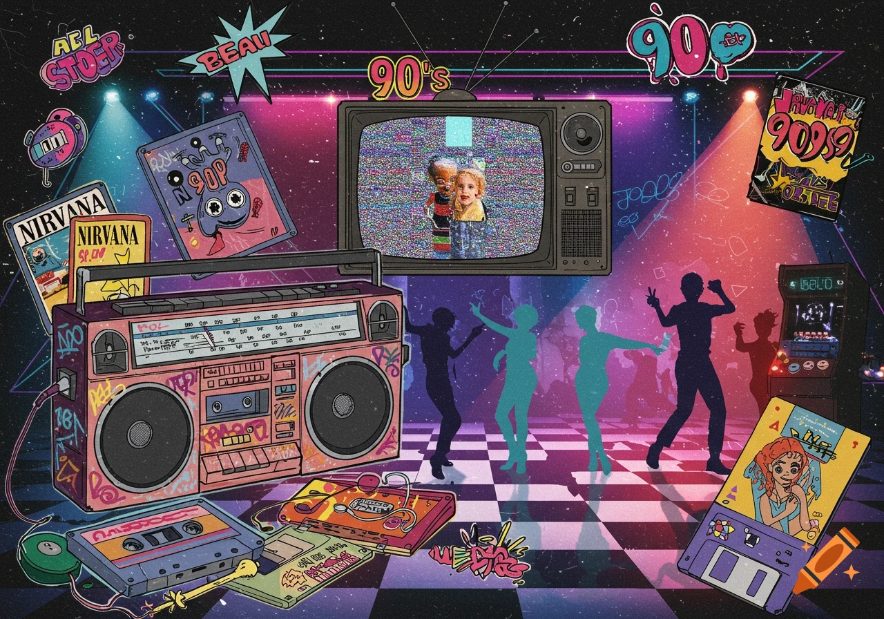 A vibrant pop art illustration depicting a 90s theme with a boombox, cassette tapes, a TV, and dancing silhouettes.