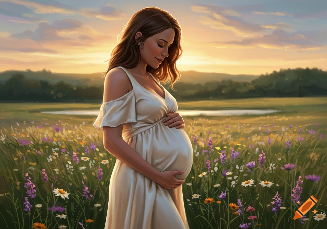A pregnant woman in a white dress stands in a vibrant wildflower meadow, holding her belly as the sun sets.