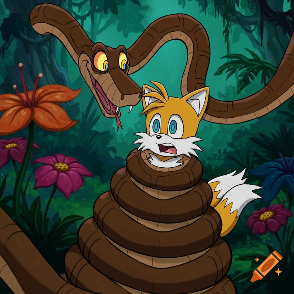 Cartoon Tails the fox looks scared as Kaa the snake coils around him in a jungle.