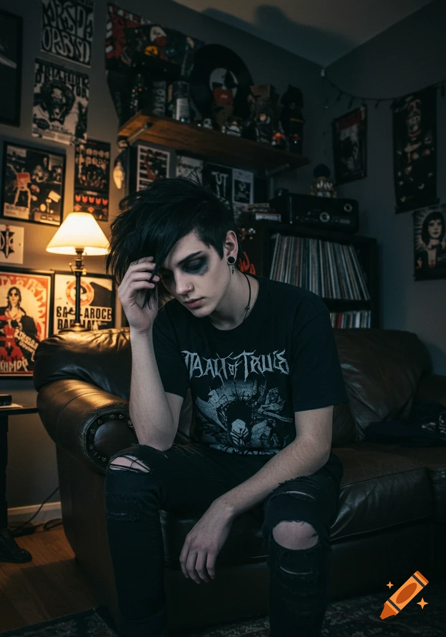 Emo person with dark hair and heavy makeup sits on a leather couch in a poster-filled room, looking down.