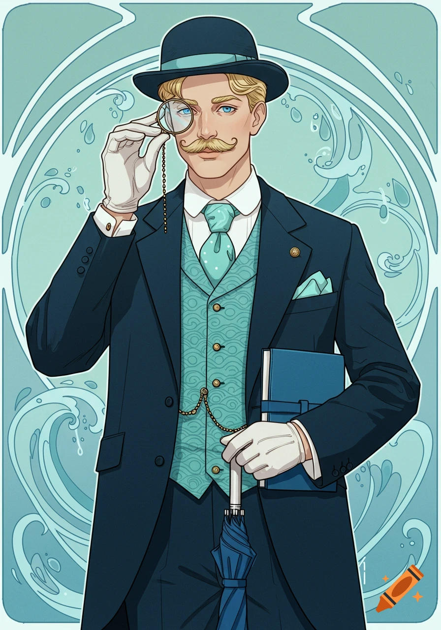Art Nouveau illustration of a refined British gentleman in a teal suit, holding a monocle, umbrella, and notebook against a wave-patterned background.