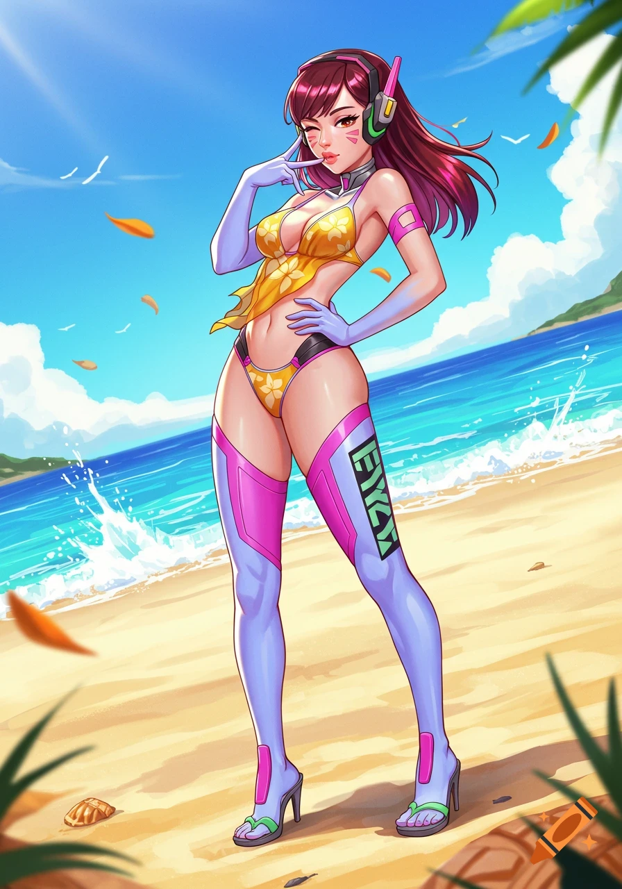 D.Va from Overwatch in a yellow bikini and stilettos poses on a sunny beach, in an anime art style.