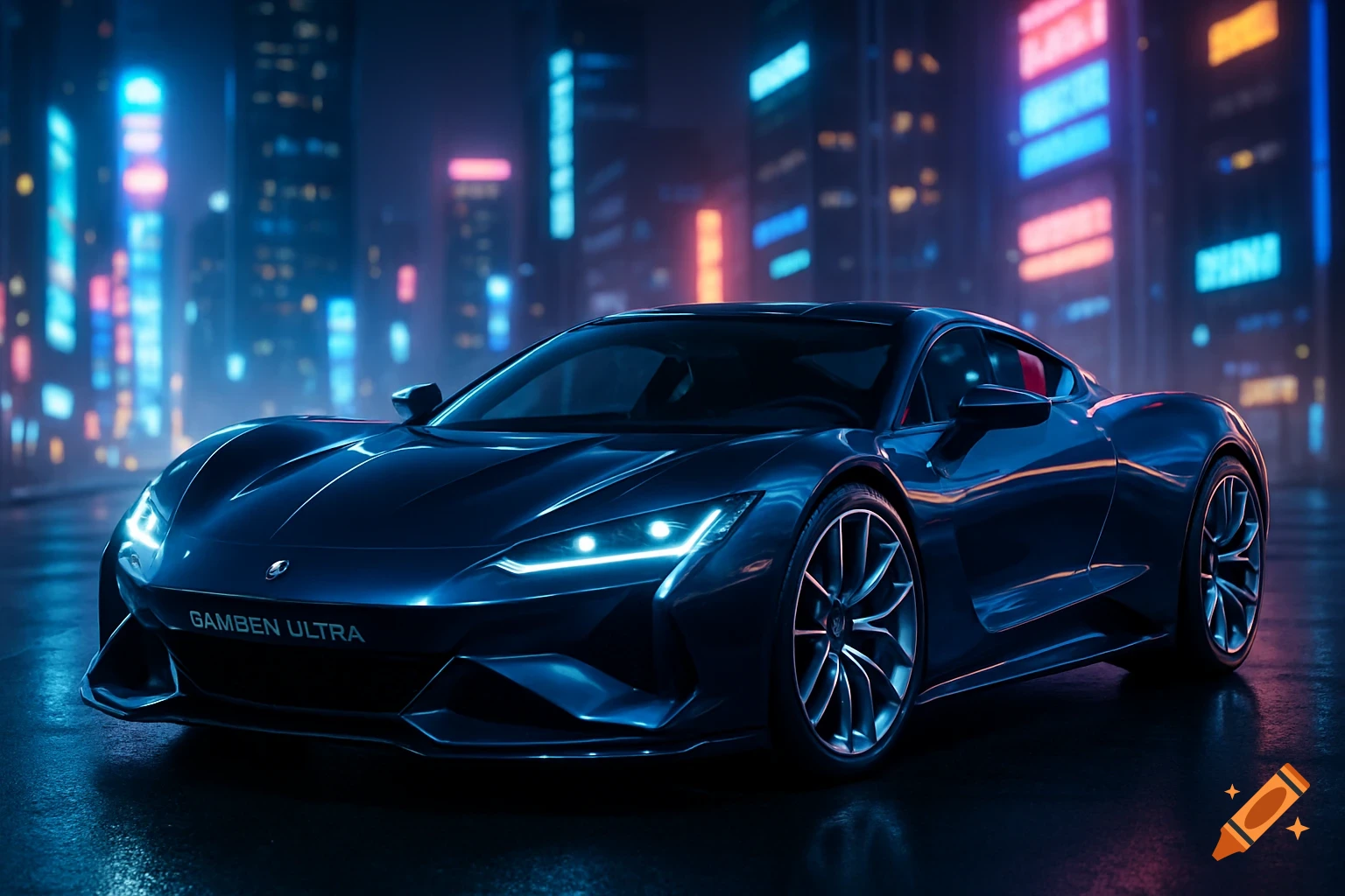 A sleek, dark blue sports car with glowing headlights parked on a wet street at night, with a futuristic neon-lit city in the background.