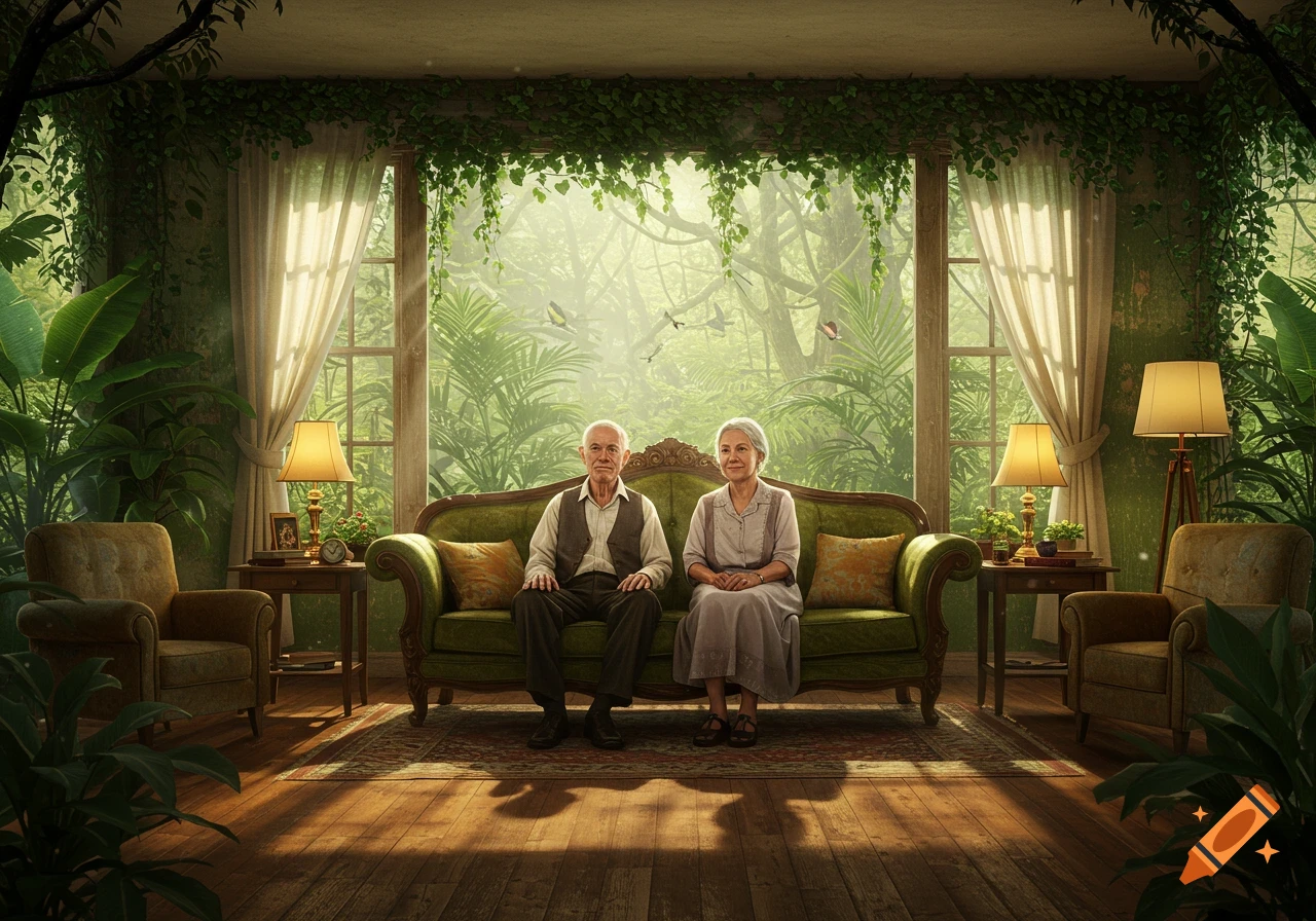 Photorealistic image of an elderly couple sitting on a green couch in a living room filled with lush jungle plants, bathed in sunlight.