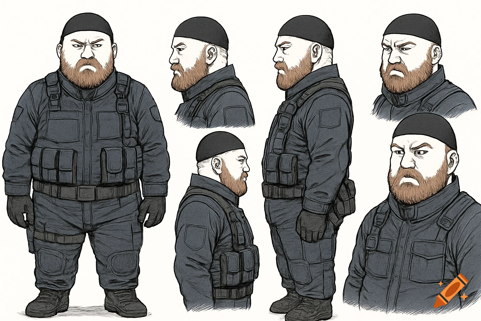 Manga style character sheet of an imposing, bearded man in a navy blue combat suit with a black cap, shown from multiple angles.