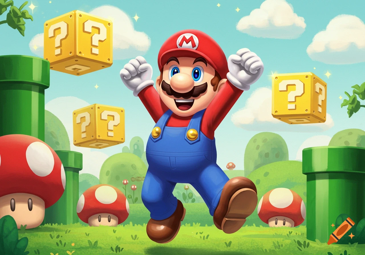 Cartoon illustration of Mario jumping in a vibrant green landscape with yellow question mark blocks, green pipes, and red mushrooms.