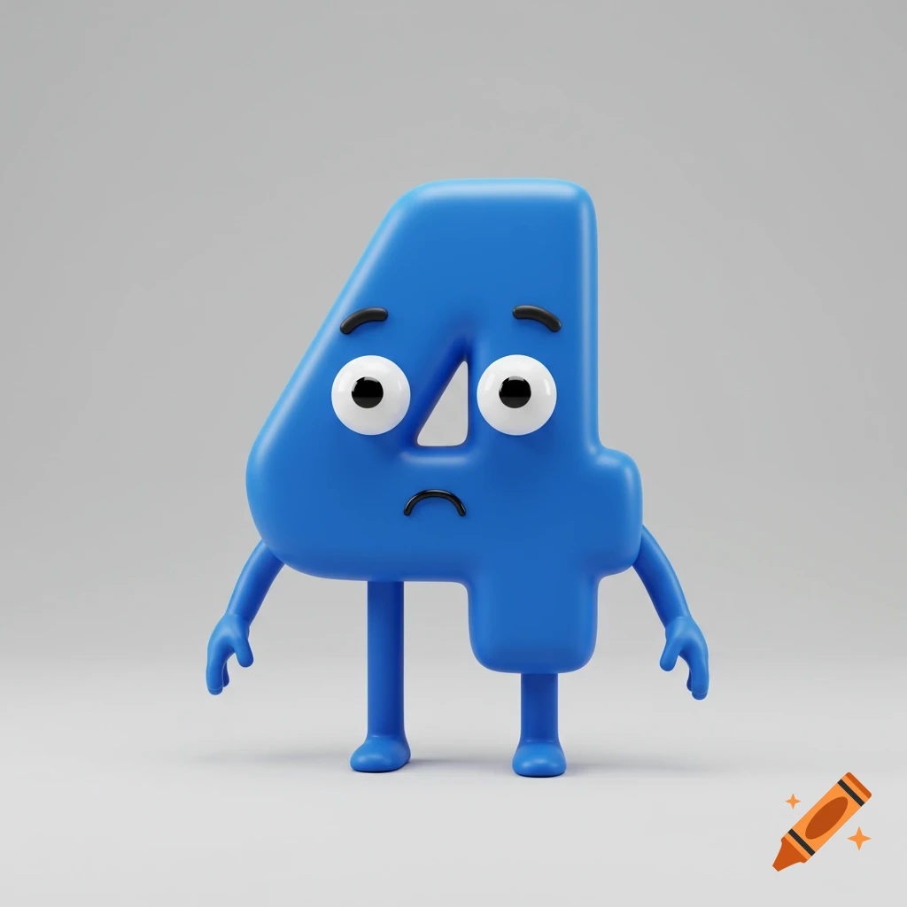 A sad blue cartoon number 4 character with arms, legs, white eyes, and black dots, standing on a light gray background.