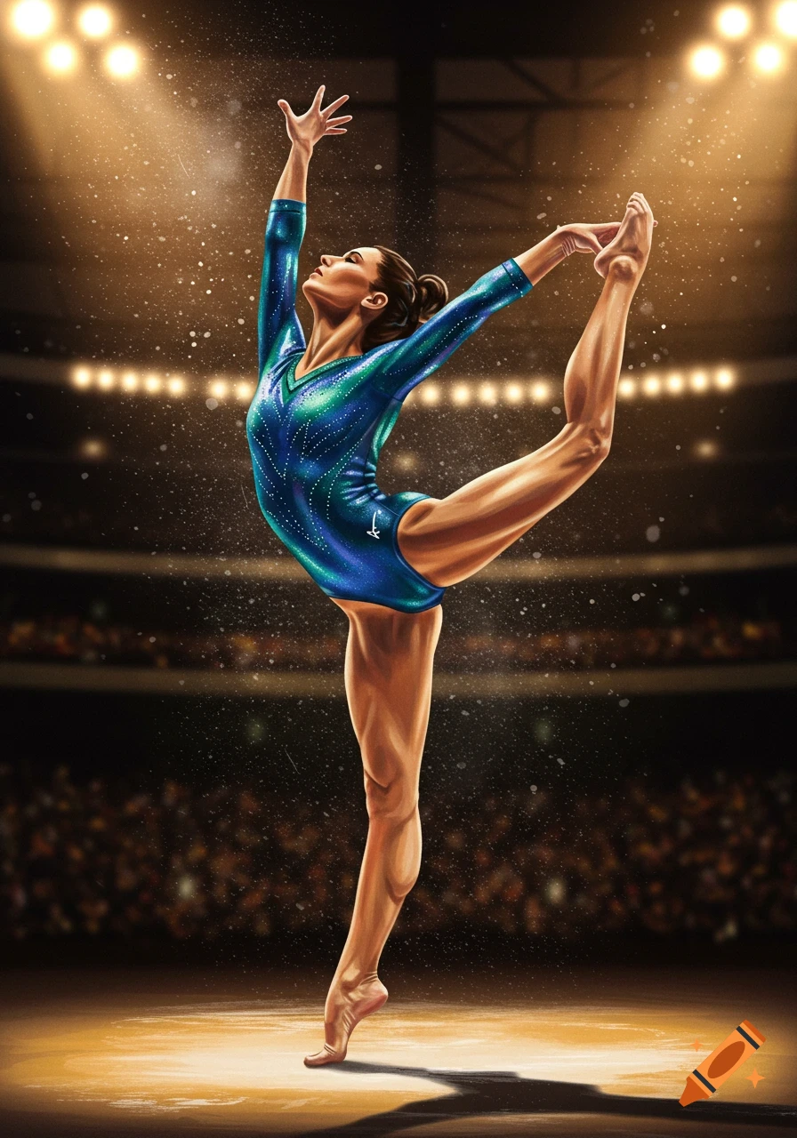 An athletic female gymnast in a shimmering blue and green leotard performs a graceful balance pose under bright stadium lights, digital art.