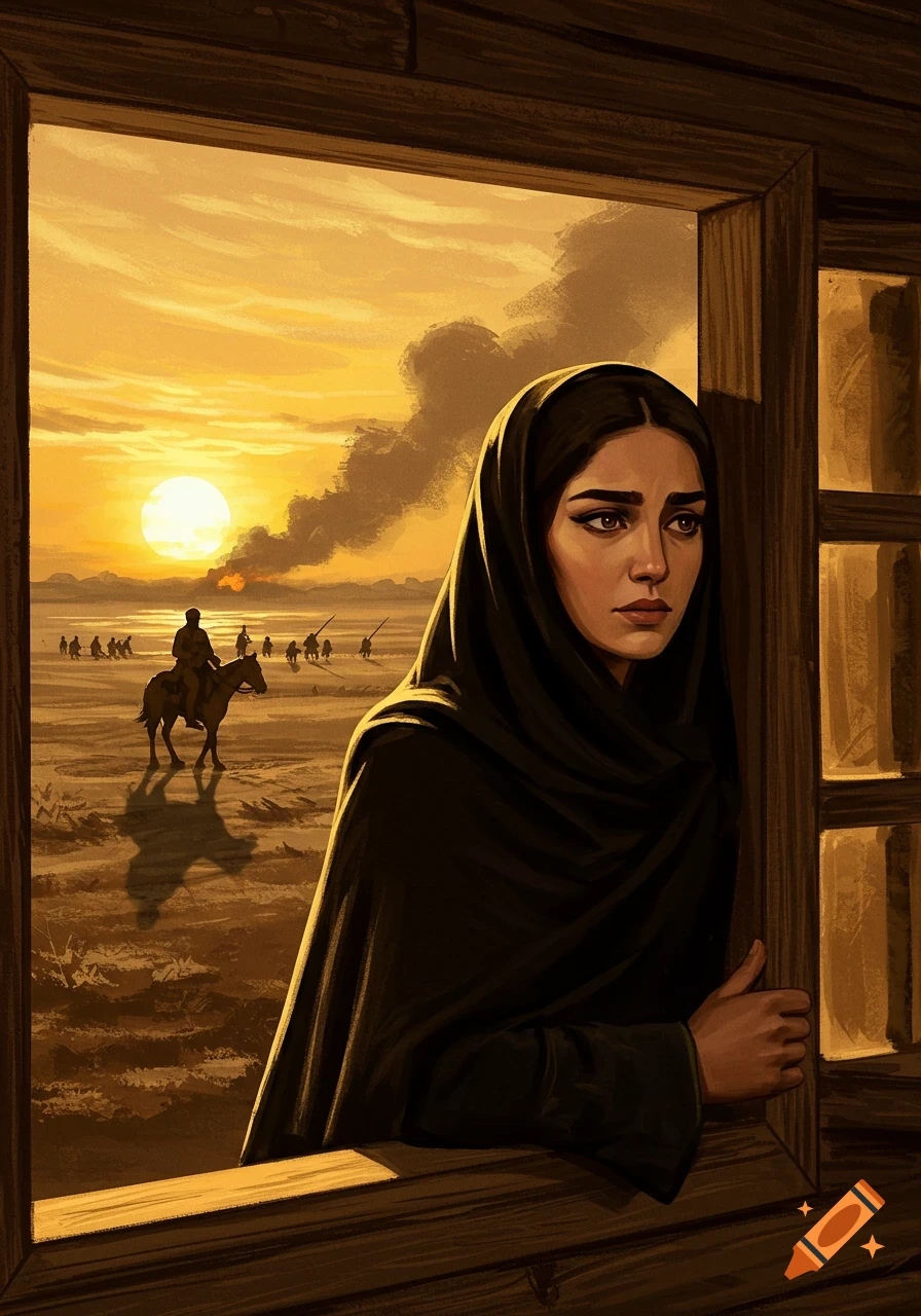 Sad woman in chador looks from a window at a golden sunset, rider and soldiers in the distance, painterly style.