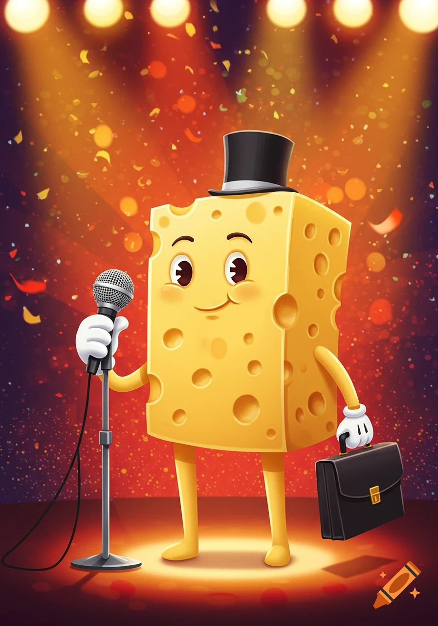 A cartoon block of Swiss cheese wearing a top hat and holding a microphone, standing on a stage with spotlights and confetti.