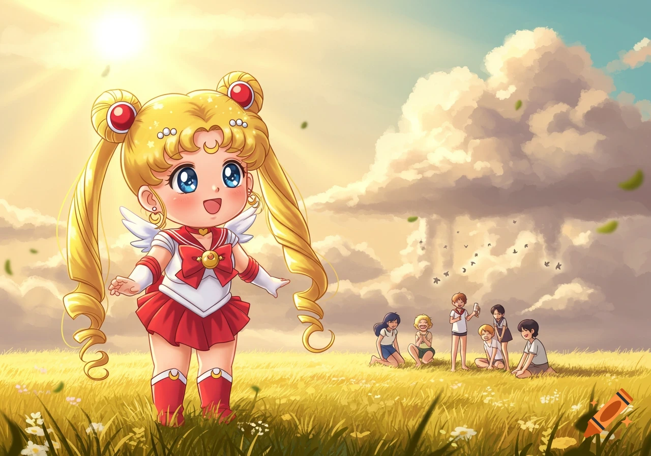 Chibi Sailor Moon with big blue eyes smiles in a sunny golden field, with other children and clouds in the background, in an anime style.