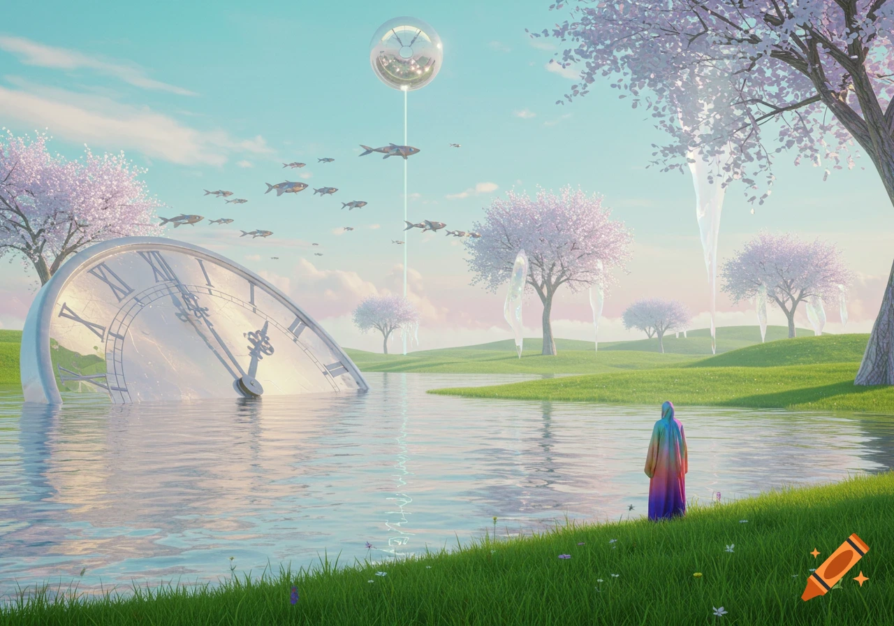 A person in a rainbow-colored cloak stands by a lake with a large, partially submerged clock. Flying fish and blossoming trees fill the surreal landscape.