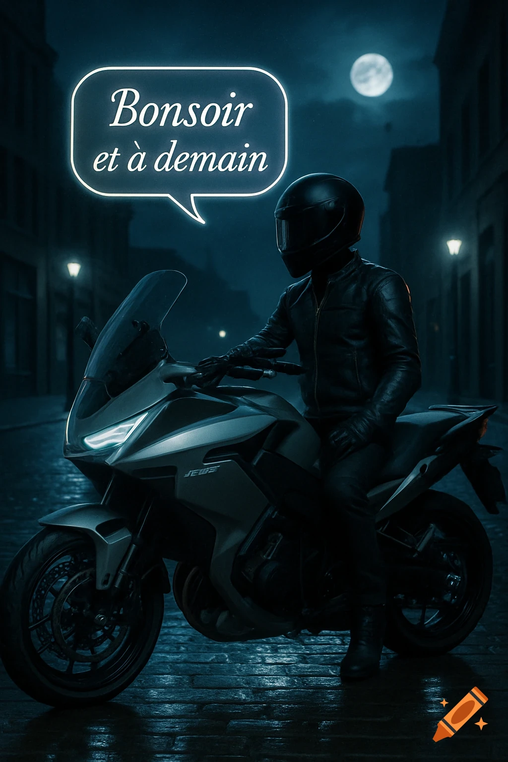 A person in a helmet and leather jacket on a motorcycle at night, with a speech bubble saying "Bonsoir et demain".