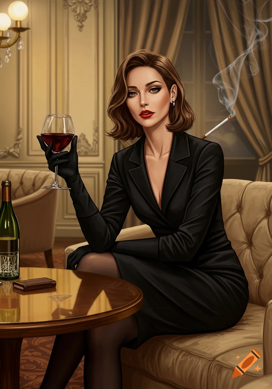 A stylish woman in a black suit dress holds a glass of red wine in an elegant lounge, with a lit cigarette smoking beside her. Stylized illustration.