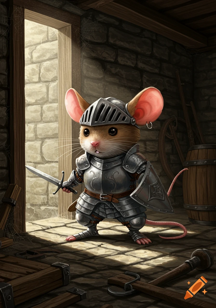 A cute mouse in full knight armor, holding a sword and shield, stands in a dimly lit stone basement.