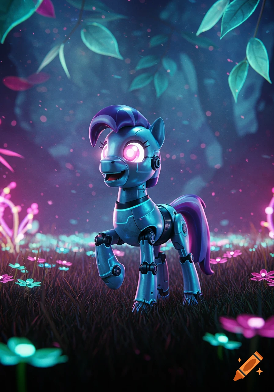 A blue animatronic pony with glowing pink eyes stands in a magical forest with glowing plants and purple leaves.