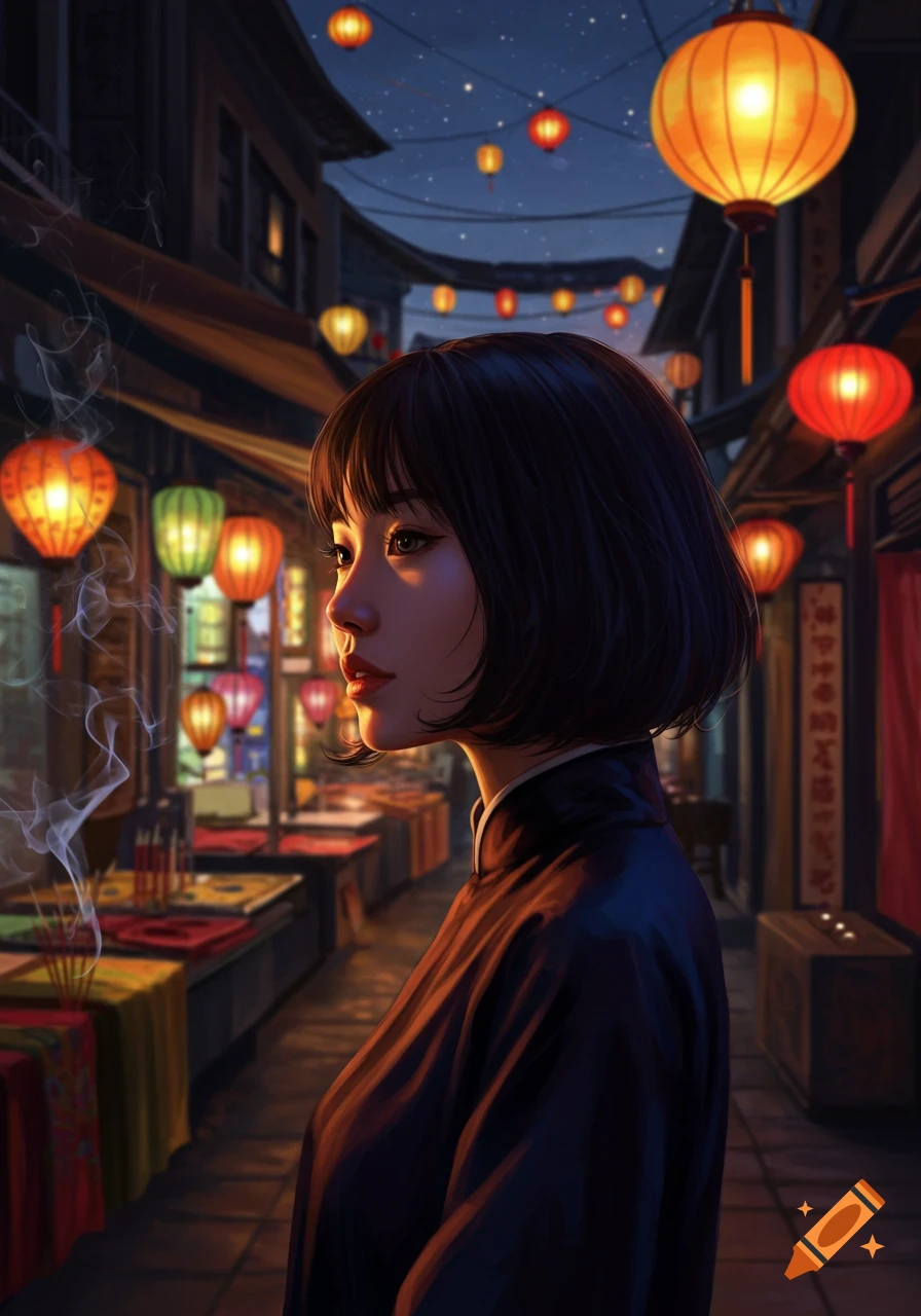 An East Asian woman with short hair stands in a lantern-lit street at night, looking left.