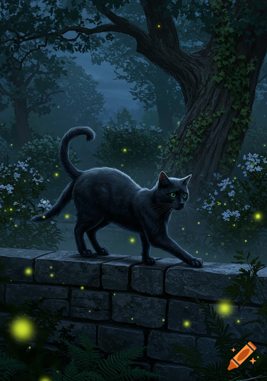 A black cat with luminous green eyes walks on a stone wall in a dark, firefly-lit forest at night, illustration style.