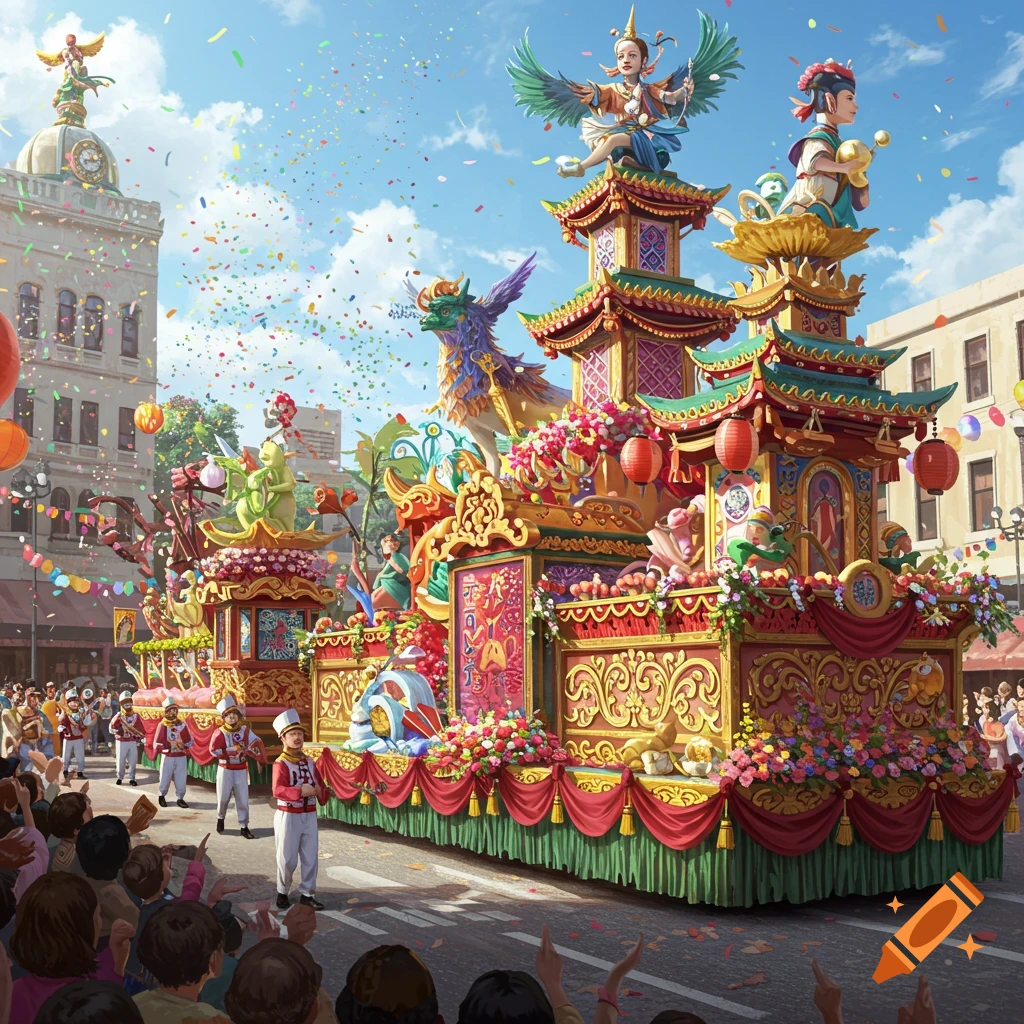 A vibrant parade with ornate, multi-tiered floats featuring winged figures, dragons, and colorful decorations. Confetti falls over a cheering crowd and a marching band, under a blue sky.