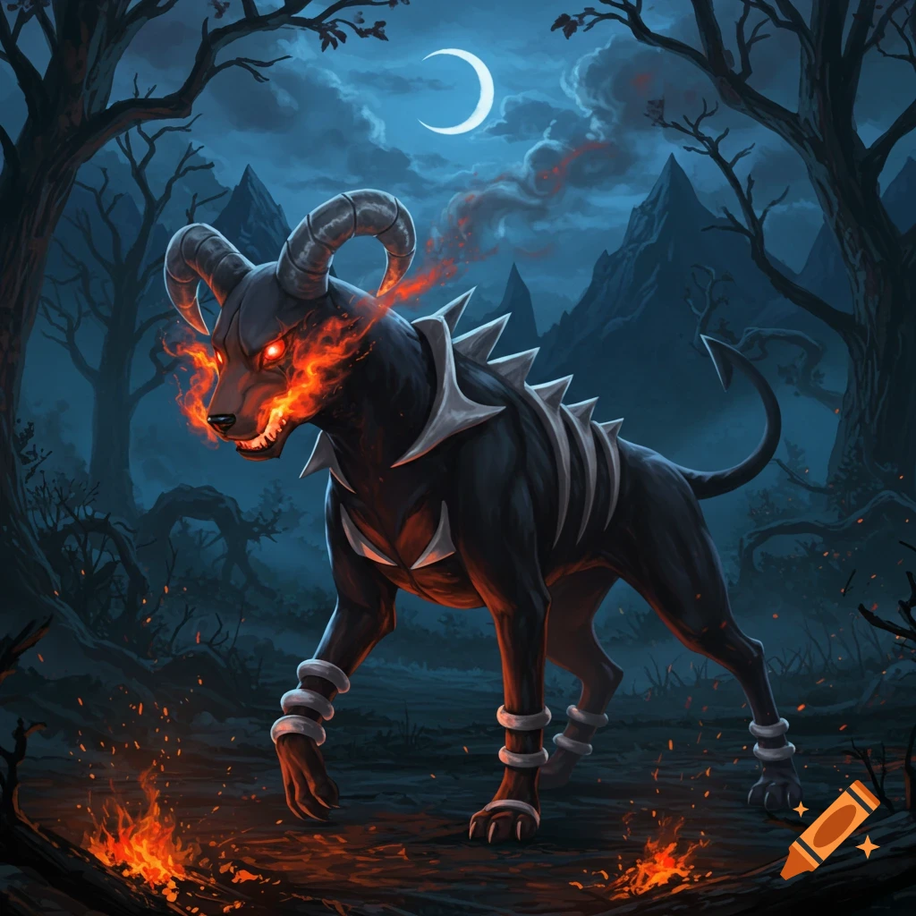 A dark, horned dog-like creature with glowing red eyes and fiery breath stands in a spooky moonlit forest.