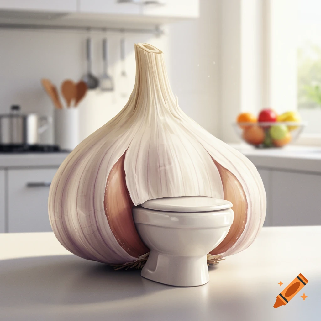 A large photorealistic garlic bulb with a toilet bowl integrated into its base, sitting on a kitchen counter.