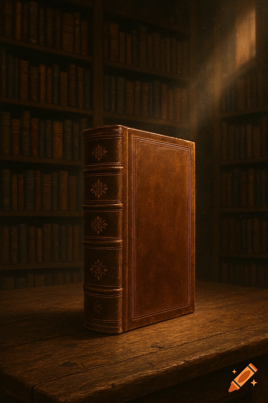 A single ornate brown leather-bound book stands on a wooden table in a dimly lit library with shelves of books in the background. A beam of light illuminates dust motes.