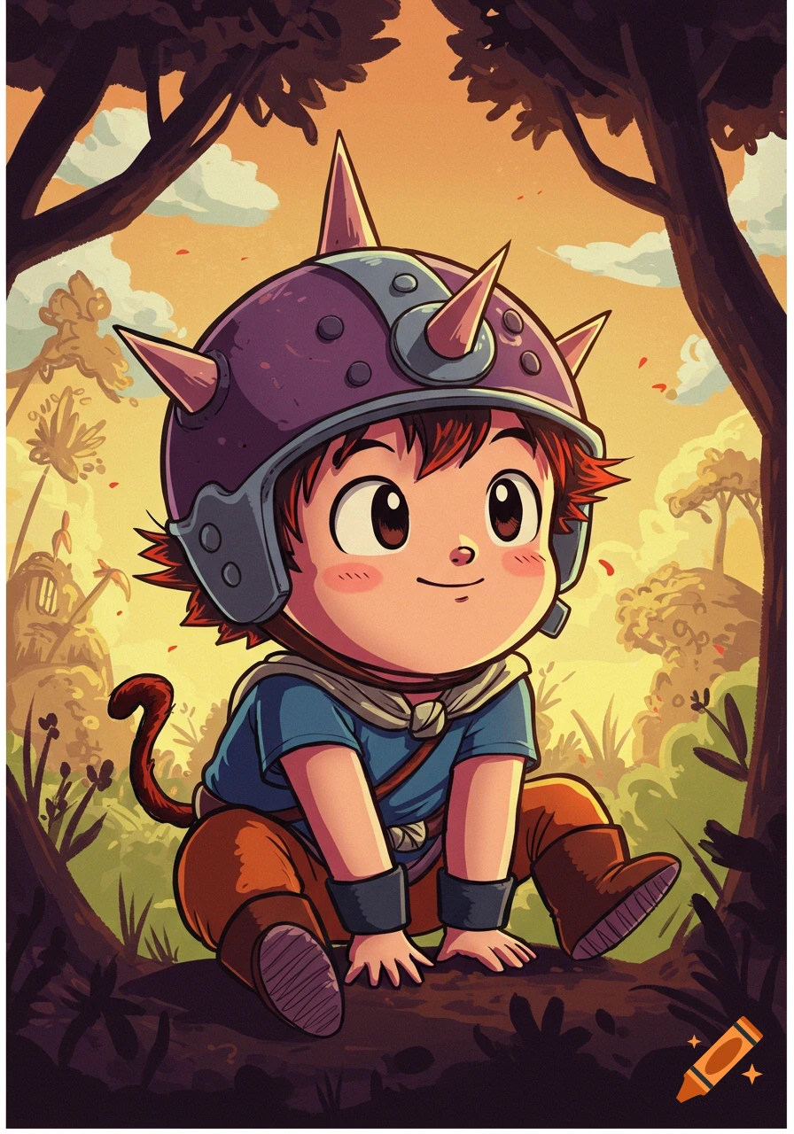 A cute anime boy with red hair, wearing a purple spiky helmet and blue shirt, sits in a forest with trees and a warm sky.