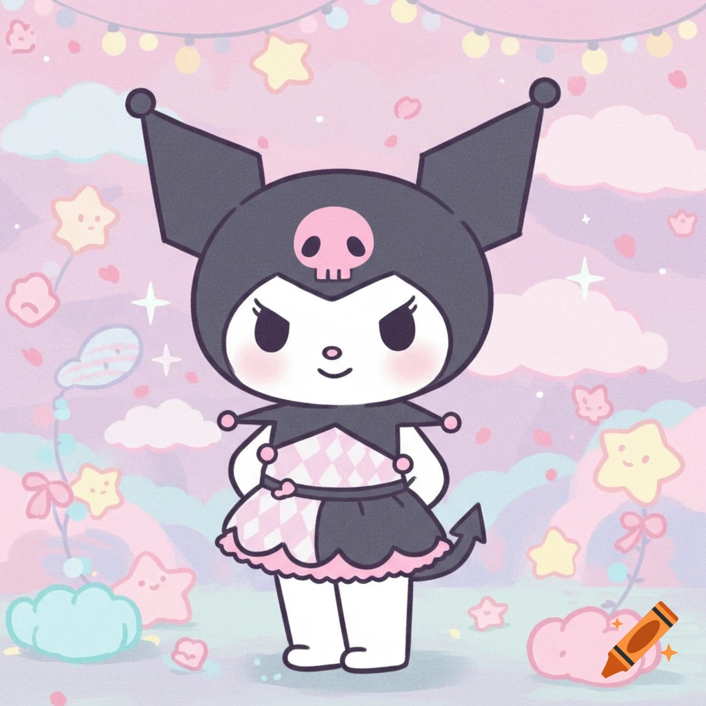 A cute cartoon illustration of Kuromi, wearing a black and pink harlequin dress, standing in a pastel, star-filled, cloudy wonderland.