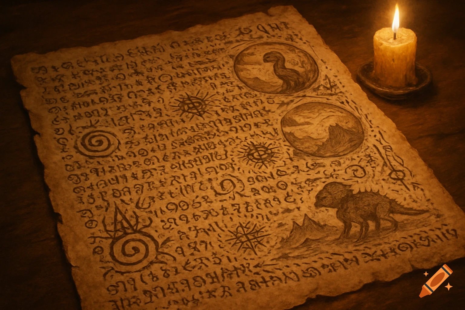 An ancient parchment with alien writing, mysterious symbols, and creature drawings, lit by a flickering candle.